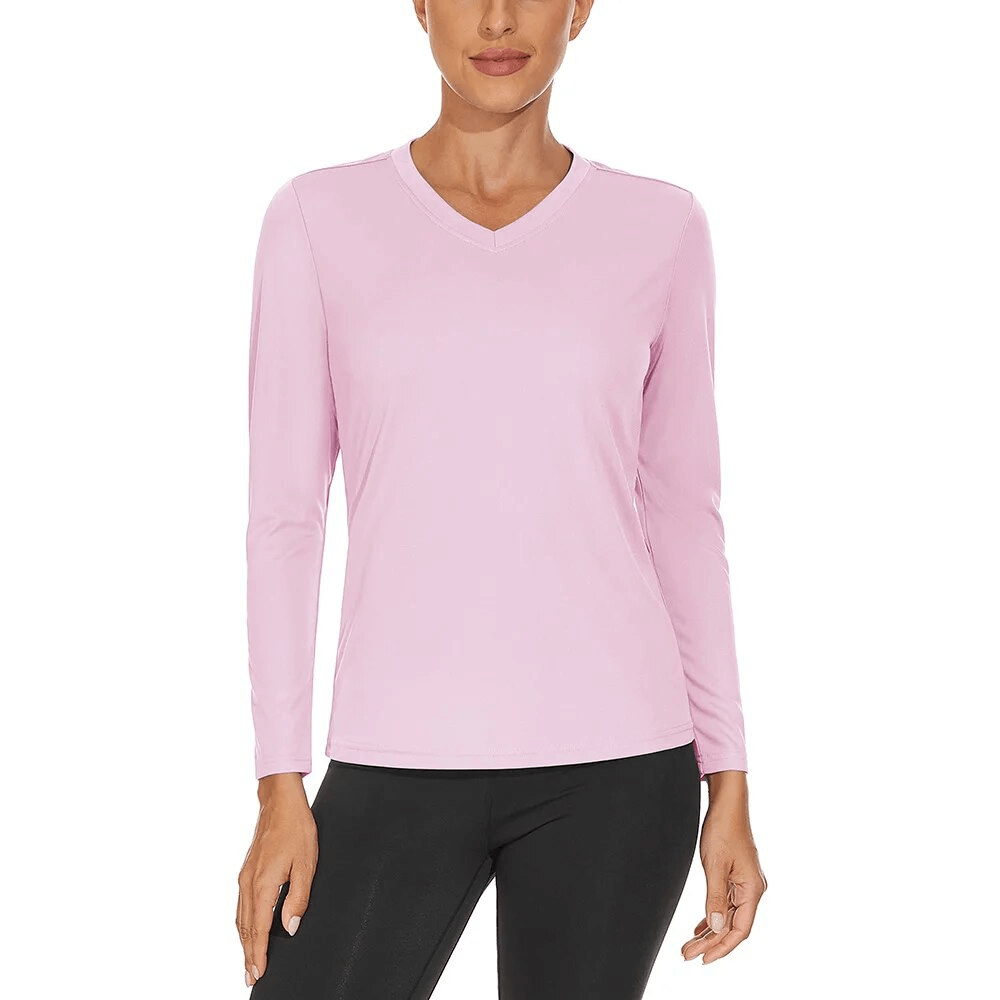 Pink sun-protective sports women's top with V-neck, long sleeves, UPF 50+, lightweight and quick-drying material, ideal for outdoor activities.